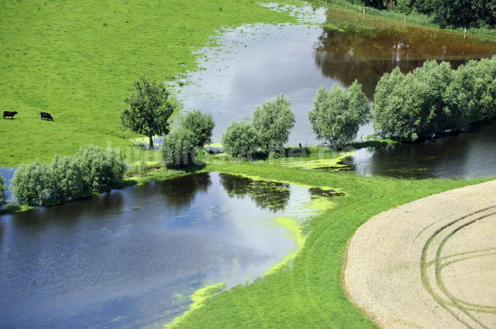 Poggelow von oben - Überflutung von Wiesen und Feldern in Mecklenburg-Vorpommern