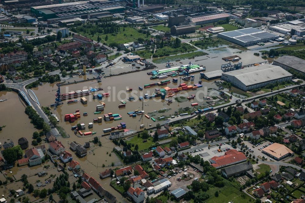 Luftaufnahme Riesa - Überschwemmungen während und nach dem Hochwasser am Nord- und Süd-Ufer der Elbe bei Riesa im Bundesland Sachsen