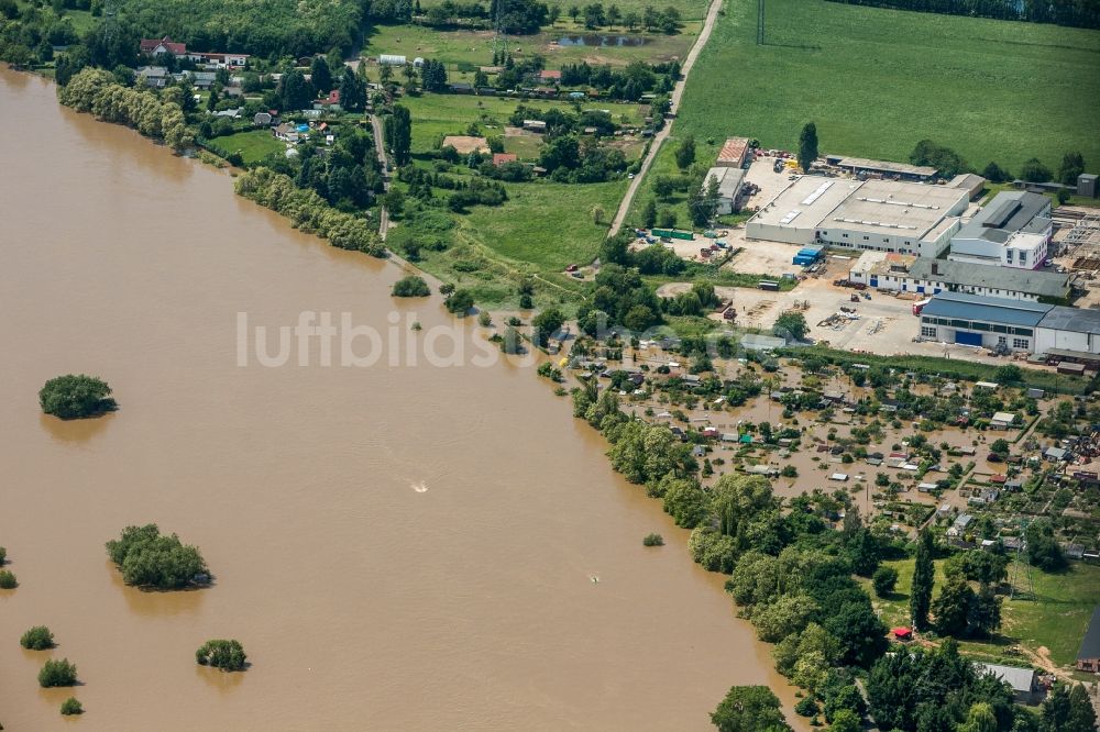 Luftaufnahme Radebeul - Überschwemmungen während und nach dem Hochwasser am Ufer der Elbe bei Gohlis und Radebeul im Bundesland Sachsen