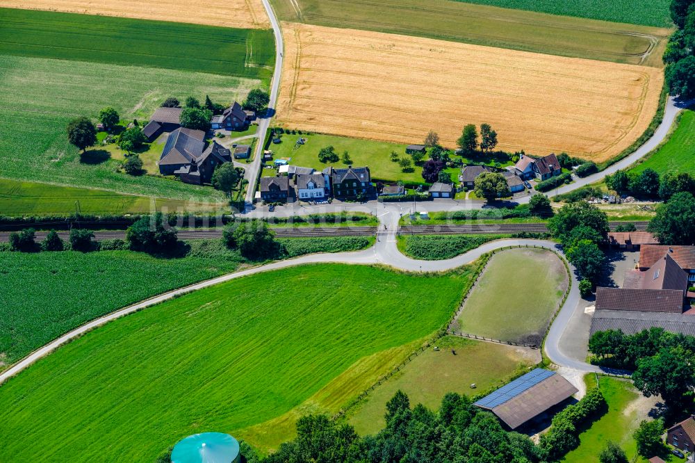 Recklinghausen aus der Vogelperspektive: Beschrankter Bahnübergang im Streckennetz der Deutschen Bahn in Recklinghausen im Bundesland Nordrhein-Westfalen, Deutschland