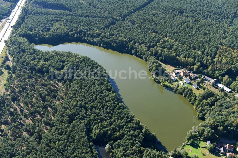 Uckley von oben - Bewaldete Uferbereiche des Sees Ukleisee in Uckley im Bundesland Brandenburg