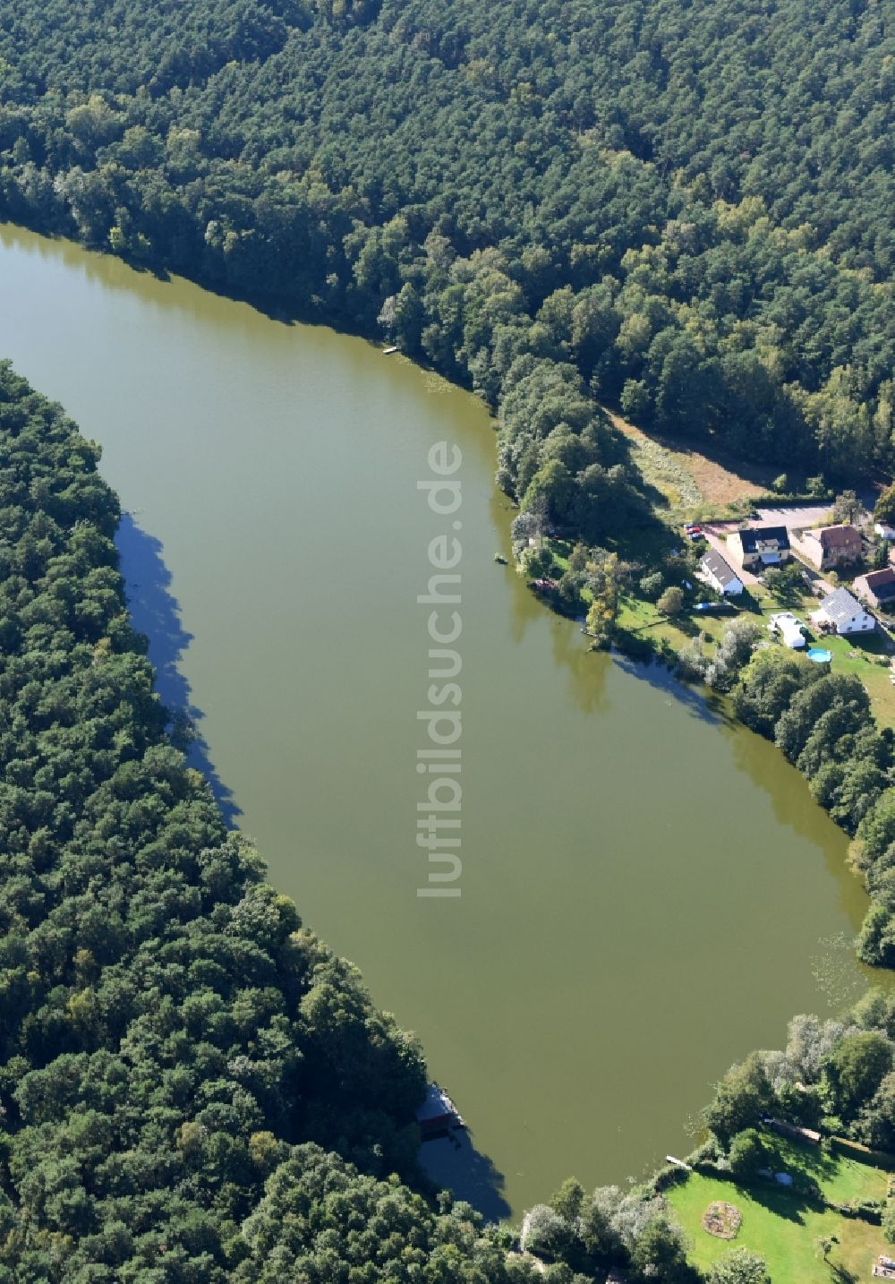 Uckley aus der Vogelperspektive: Bewaldete Uferbereiche des Sees Ukleisee in Uckley im Bundesland Brandenburg