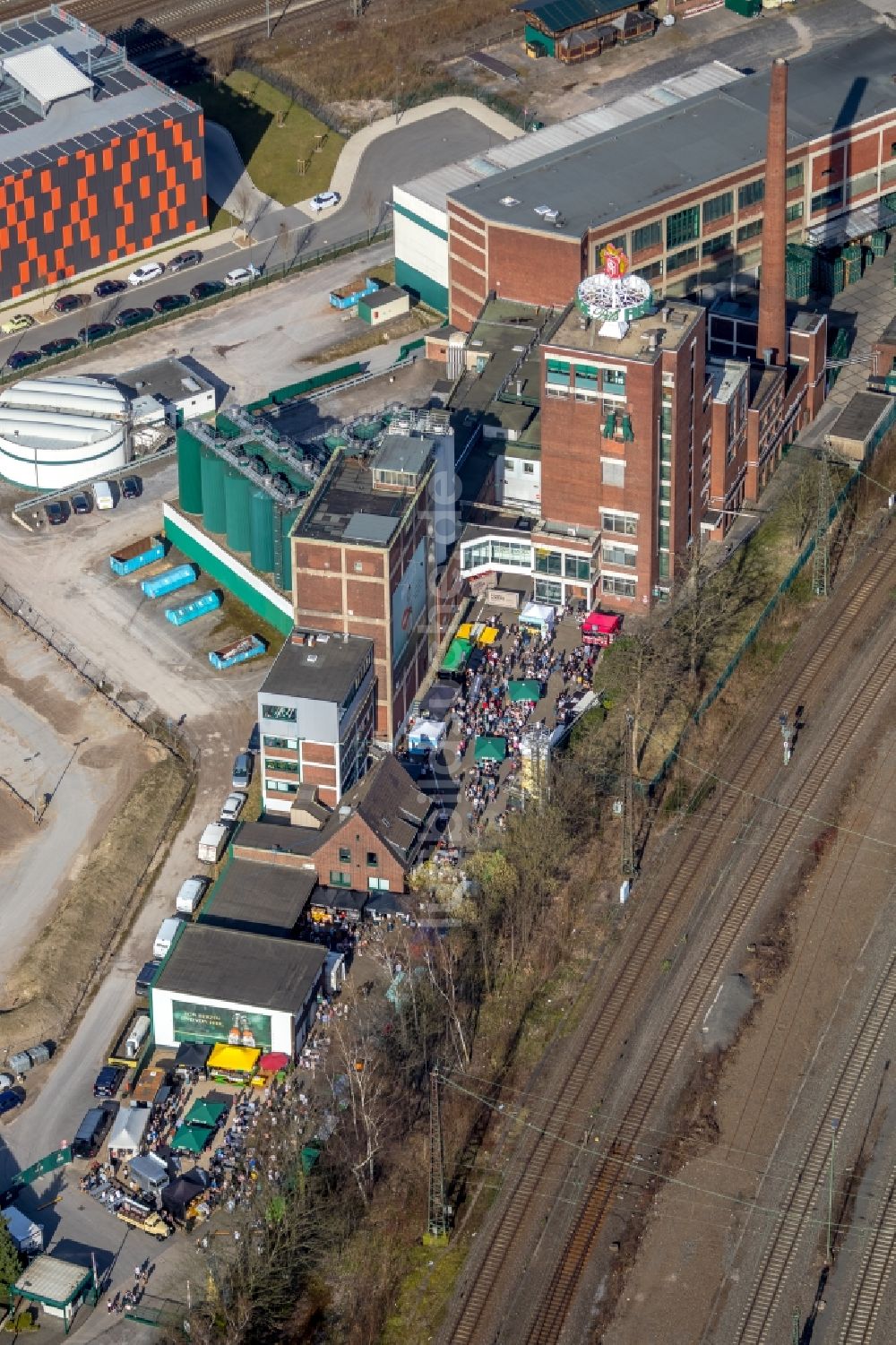 Bochum von oben - Bierbrauerei- Werksgelände der Privatbrauerei Moritz Fiege GmbH & Co. KG in Bochum im Bundesland Nordrhein-Westfalen