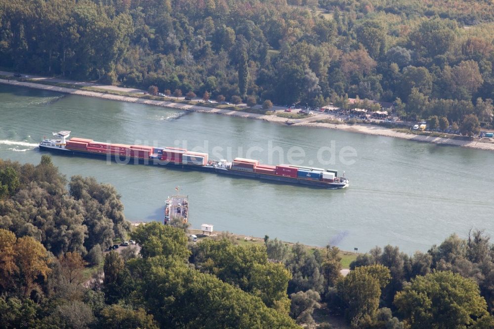 Eggenstein-Leopoldshafen von oben - Binnenschiffahrt in Fahrt auf der Wasserstraße des Flußverlaufes des Rhein in Eggenstein-Leopoldshafen im Bundesland Baden-Württemberg