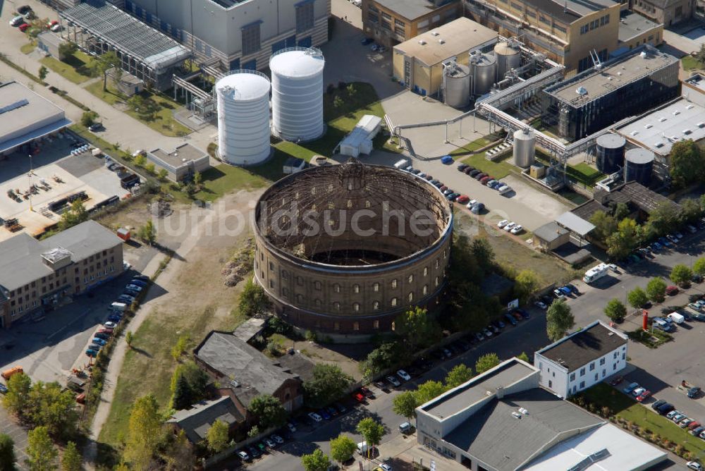 Leipzig von oben - Blick auf das alte Gasometer in Leipzig nahe des Bahnhofs