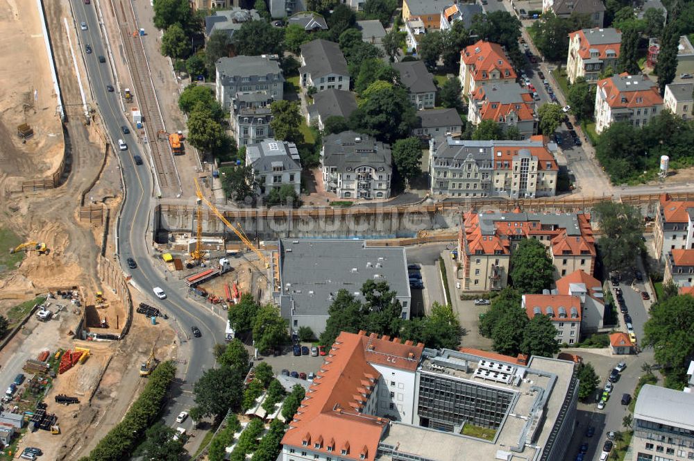 Dresden von oben - Blick auf die im Bau befindliche Waldschlösschenbrücke in Dresden