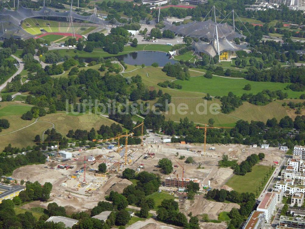 Luftaufnahme München / Bayern - Blick auf das Baugelände des Wohngebietes Olympiapark