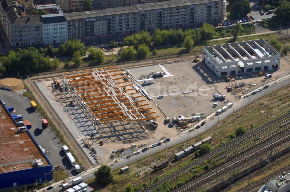 Berlin Friedrichshain von oben - Blick auf die Baustelle auf dem Gelände vom ehemaligen Wriezener Güterbahnhof nahe dem Ostbahnhof in Berlin