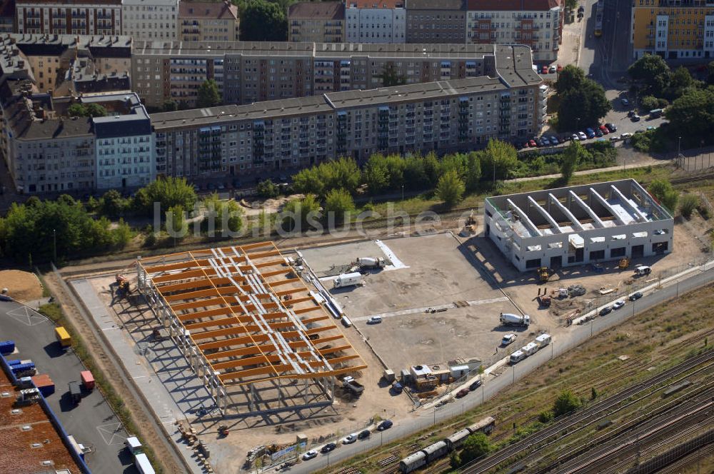 Berlin Friedrichshain aus der Vogelperspektive: Blick auf die Baustelle auf dem Gelände vom ehemaligen Wriezener Güterbahnhof nahe dem Ostbahnhof in Berlin