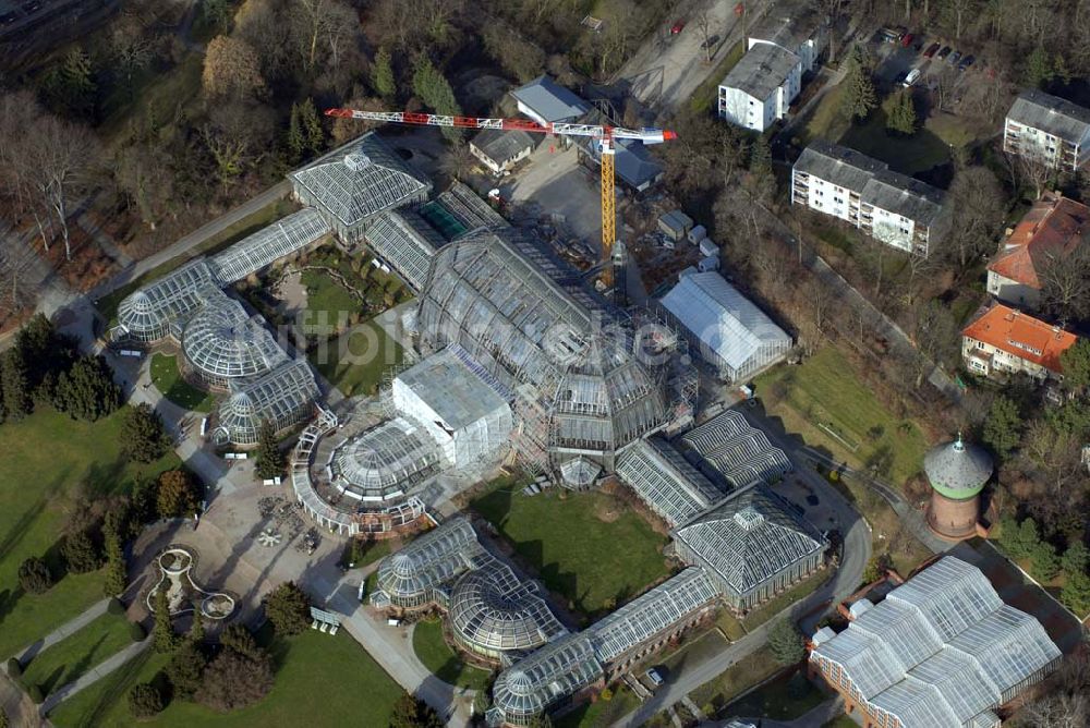 Berlin - Dahlem von oben - Blick auf die Baustelle zur Grundsanierung des 100 Jahre alten Wahrzeichens des Botanischen Garten Berlin-Dahlem,dem Großen Tropenhauses