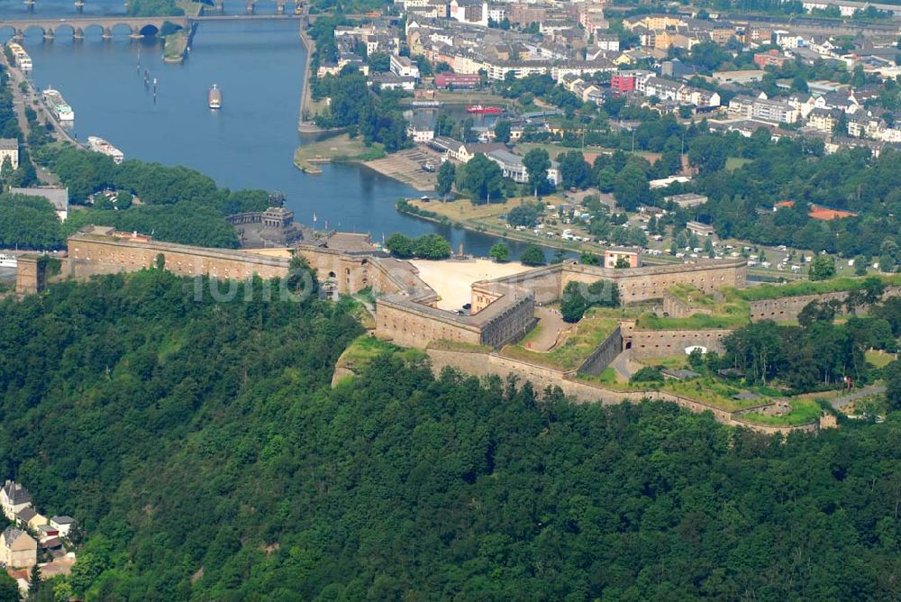 Luftbild Koblenz - Blick auf das Deutsche Eck und die Festung Ehrenbreitstein in Koblenz