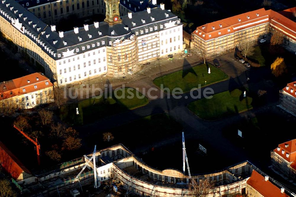 Wermsdorf von oben - Blick auf fortgeschrittene Rekonstruktionsarbeiten an der Hubertusburg in Wermsdorf