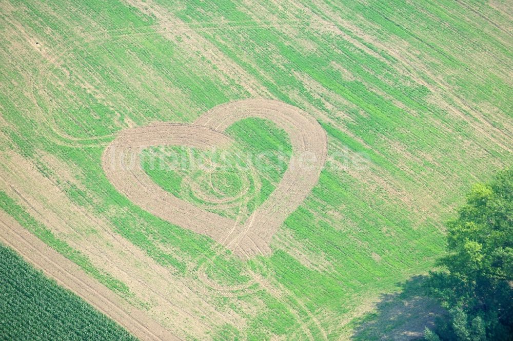 Auerschütz von oben - Blick auf gepflügtes Herz auf einem Feld bei Auerschütz im Bundesland Sachsen