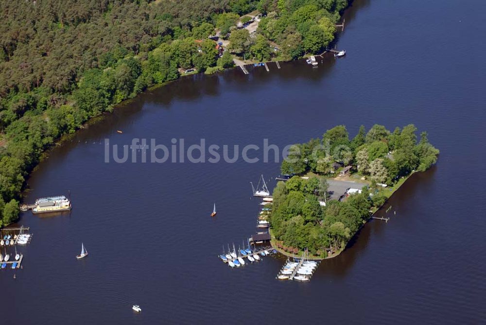 Rüdersdorf aus der Vogelperspektive: Blick auf die Insel Großer Rohrwall im Langer See