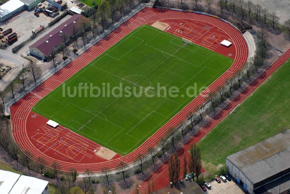 Eberswalde aus der Vogelperspektive: Blick auf das Stadion am Bahnwerk Eberswalde.