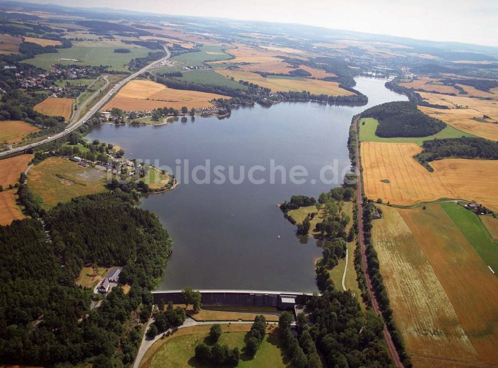 Oelsnitz von oben - Blick auf die Talsperre Pirk in der Nähe von Oelsnitz