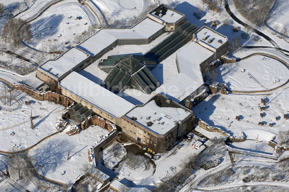 Berlin aus der Vogelperspektive: Blick auf den winterlich verschneite Elefantenhaus im Berliner Tierpark in Friedrichsfelde