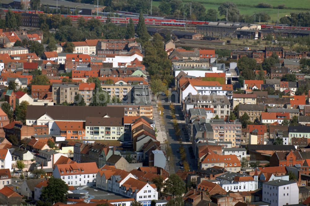 Luftaufnahme Wittenberge - Blick auf Wittenberge mit der Bahnhofstraße und dem Kulturhaus