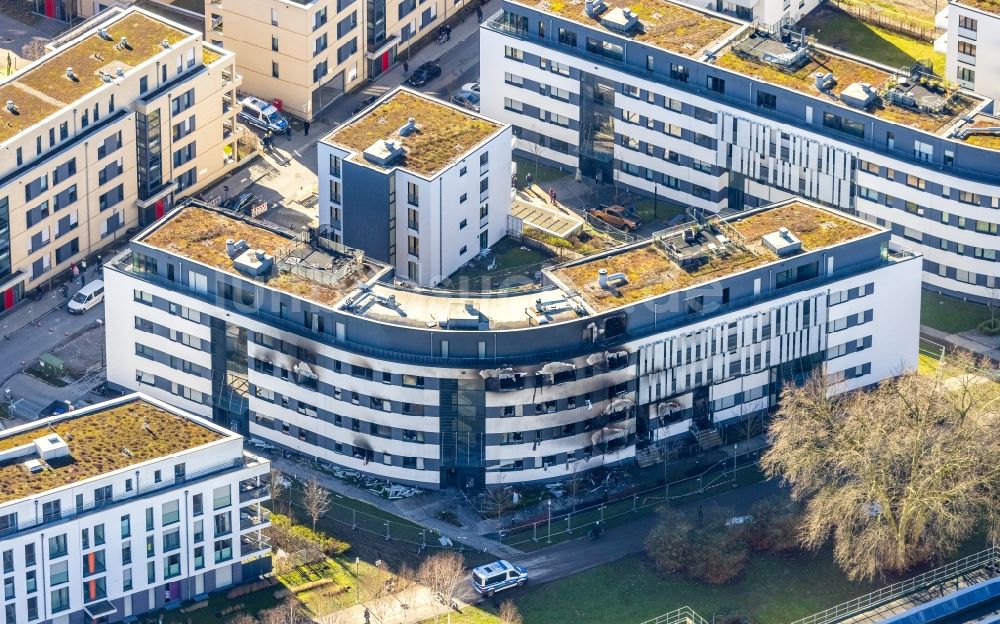 Luftbild Essen - Brand- Ruine einer Mehrfamilienhausanlage an der Bargmannstraße in Essen im Bundesland Nordrhein-Westfalen, Deutschland