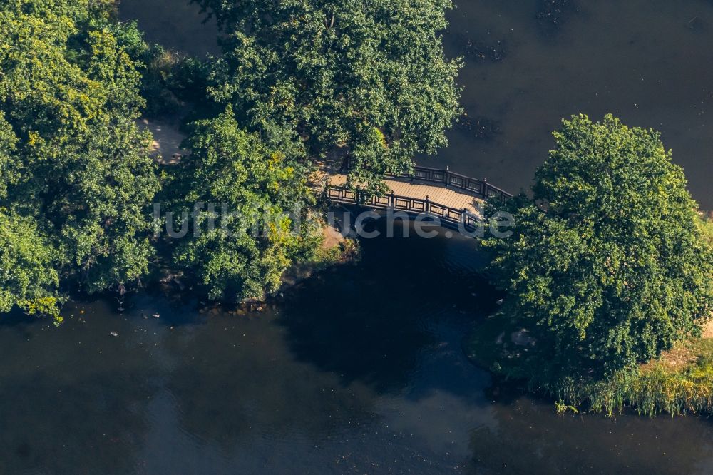 Luftaufnahme Leipzig - Brücke auf einem See im Johanna- Park über in Leipzig im Bundesland Sachsen, Deutschland