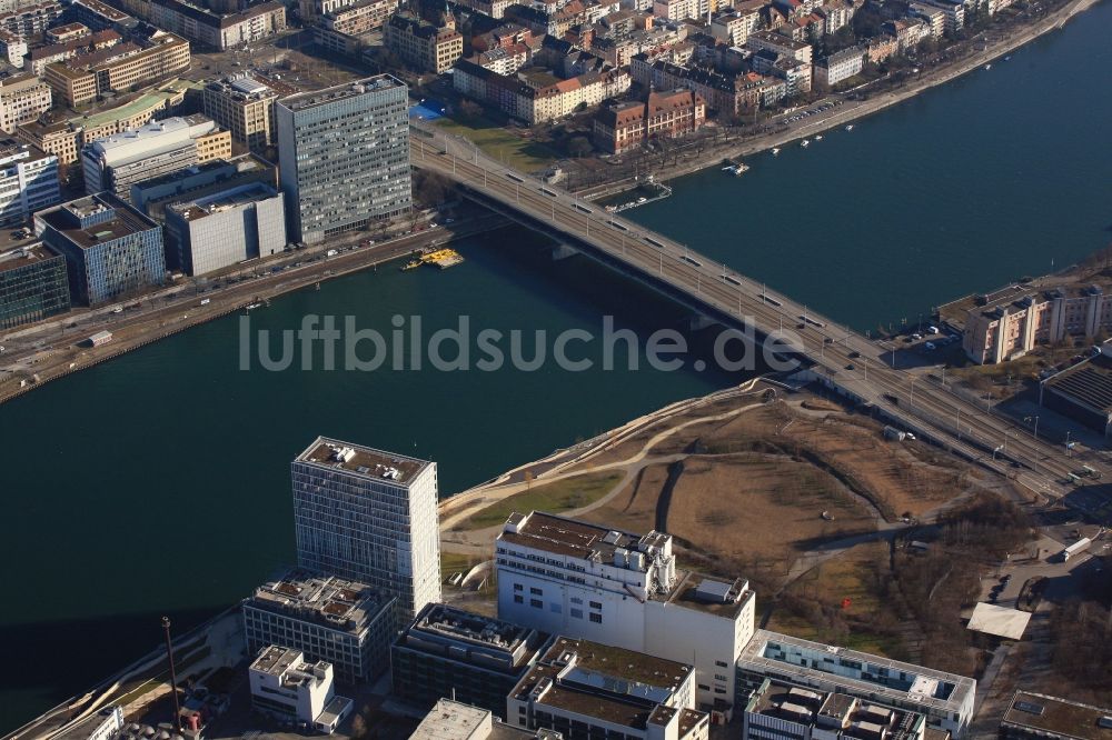 Luftbild Basel - Brückenbauwerk Dreirosenbrücke über den Rhein im Ortsteil Sankt Johann in Basel in der Schweiz