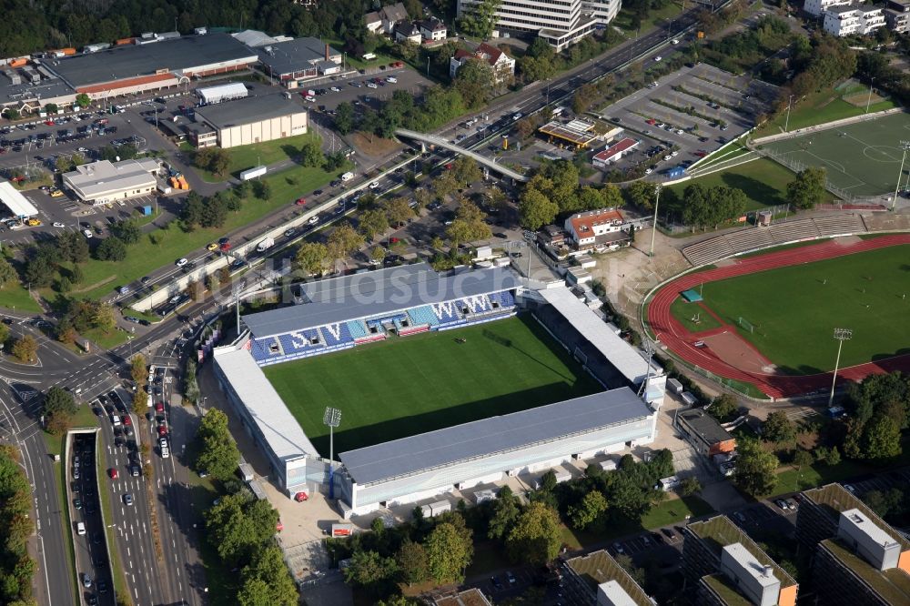 Wiesbaden aus der Vogelperspektive: Brita-Arena - Stadion des Fussballvereins SV Wehen in Wiesbaden im Bundesland Hessen