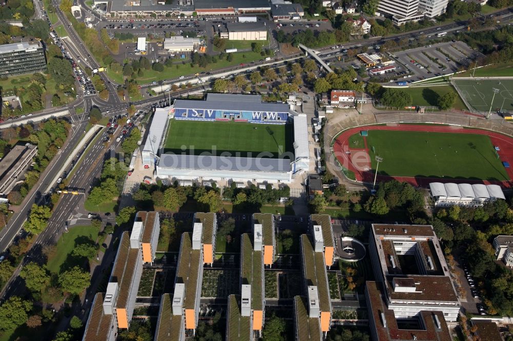 Luftaufnahme Wiesbaden - Brita-Arena - Stadion des Fussballvereins SV Wehen in Wiesbaden im Bundesland Hessen