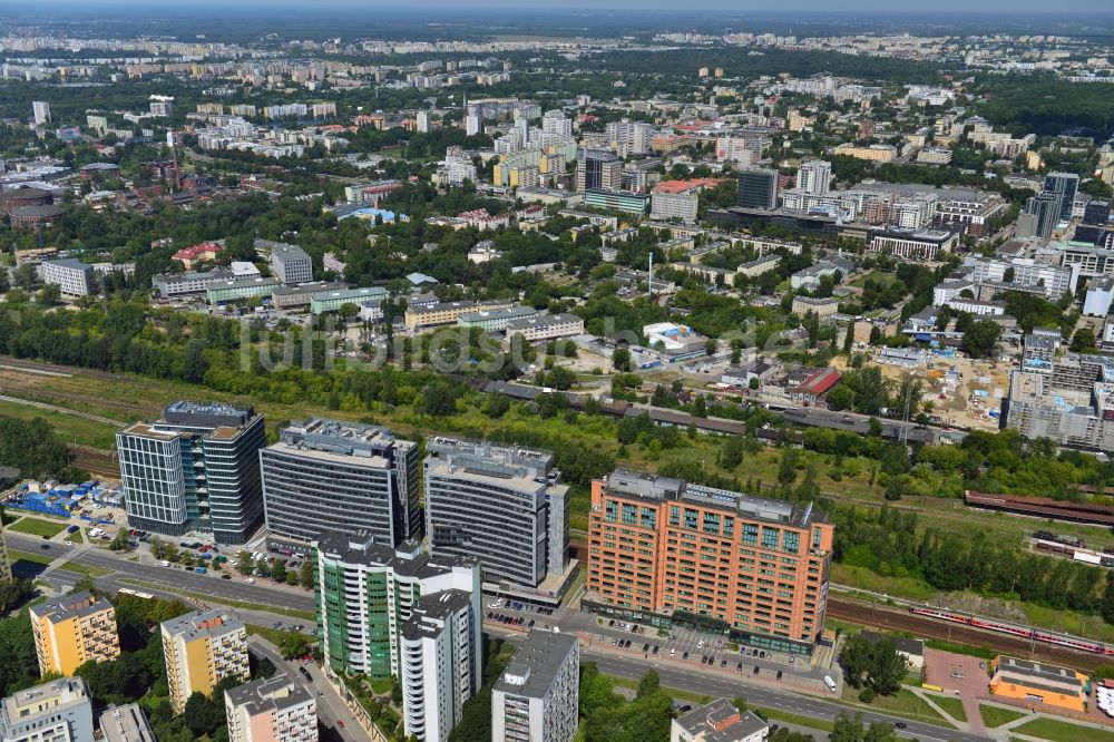 Warschau Ochota von oben - Büro- und Geschäfthaus- Gebäudekomplex Nimbus , Equator und Brama Zachodnia im Stadtteil Ochota in Warschau in Polen