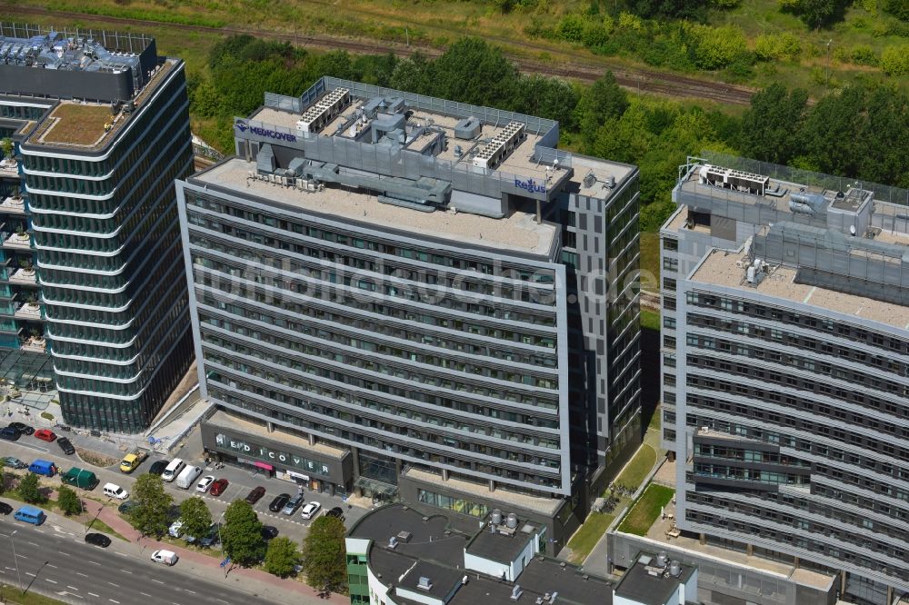 Warschau Ochota von oben - Büro- und Geschäfthaus- Gebäudekomplex Nimbus , Equator und Brama Zachodnia im Stadtteil Ochota in Warschau in Polen