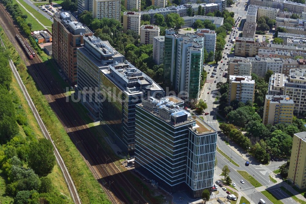 Warschau Ochota von oben - Büro- und Geschäfthaus- Gebäudekomplex Nimbus , Equator und Brama Zachodnia im Stadtteil Ochota in Warschau in Polen