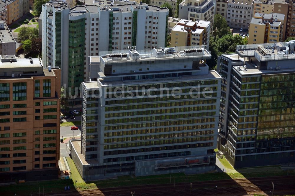 Warschau Ochota von oben - Büro- und Geschäfthaus- Gebäudekomplex Nimbus , Equator und Brama Zachodnia im Stadtteil Ochota in Warschau in Polen