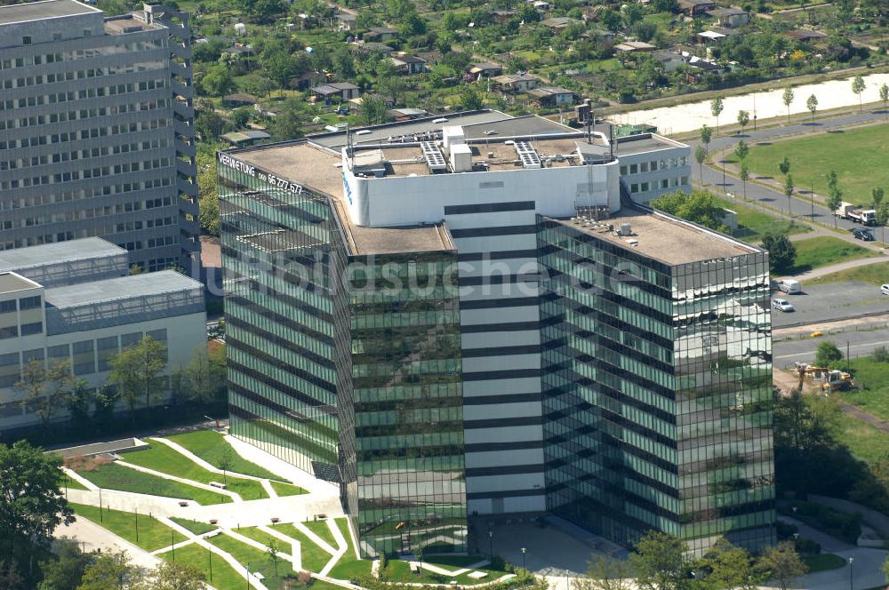 Frankfurt am Main aus der Vogelperspektive: Büro- und Geschäftshaus Eurohaus in Frankfurt-Niederrad