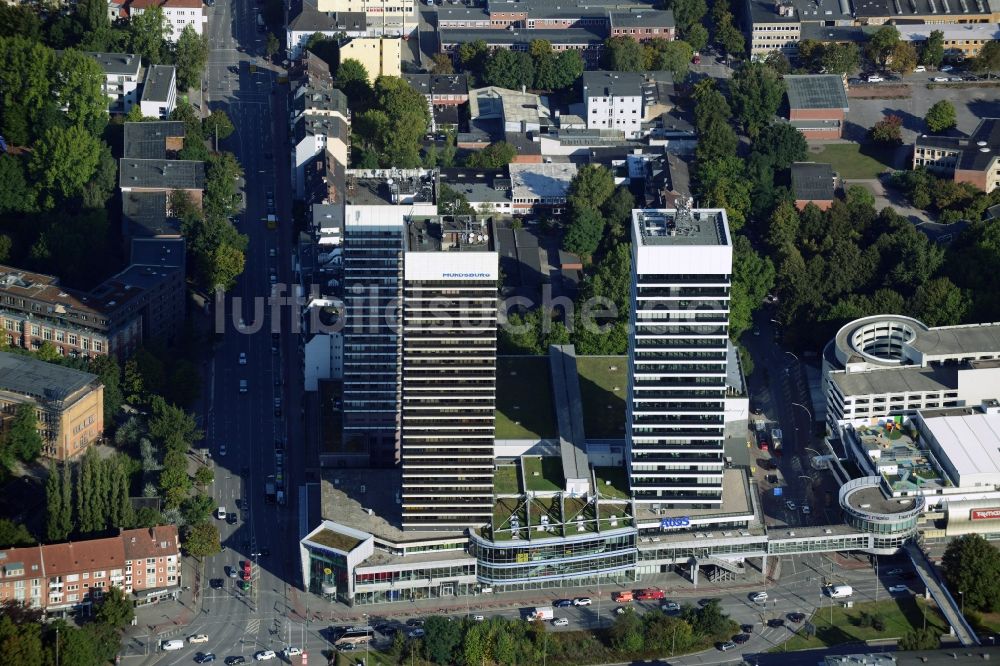 Hamburg von oben - Büro- und Geschäftshaus- Hochhäuser Mundsburg Tower am Mundsburg Center in Hamburg