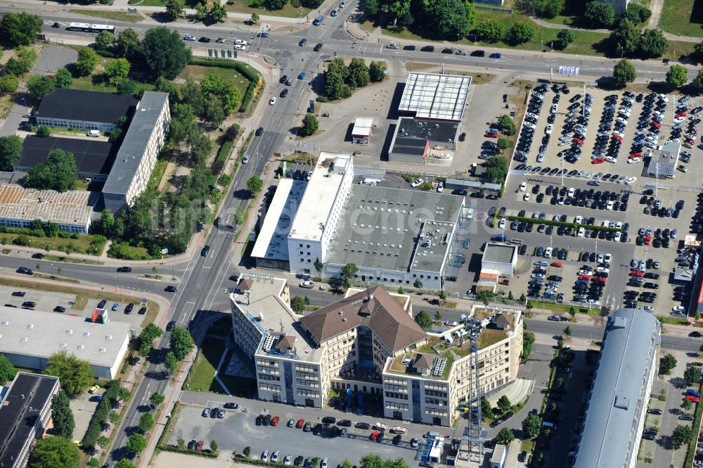 Teltow von oben - Büro- Und Geschäftshaus TELTOWER HAUS an der Rheinstraße in Teltow im Bundesland Brandenburg