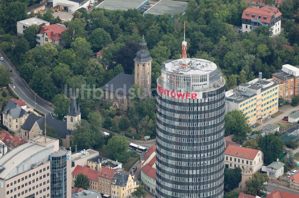 Jena von oben - Büro- und Unternehmensverwaltungs- Hochhaus- Gebäude Jentower am Leutragraben in Jena im Bundesland Thüringen, Deutschland