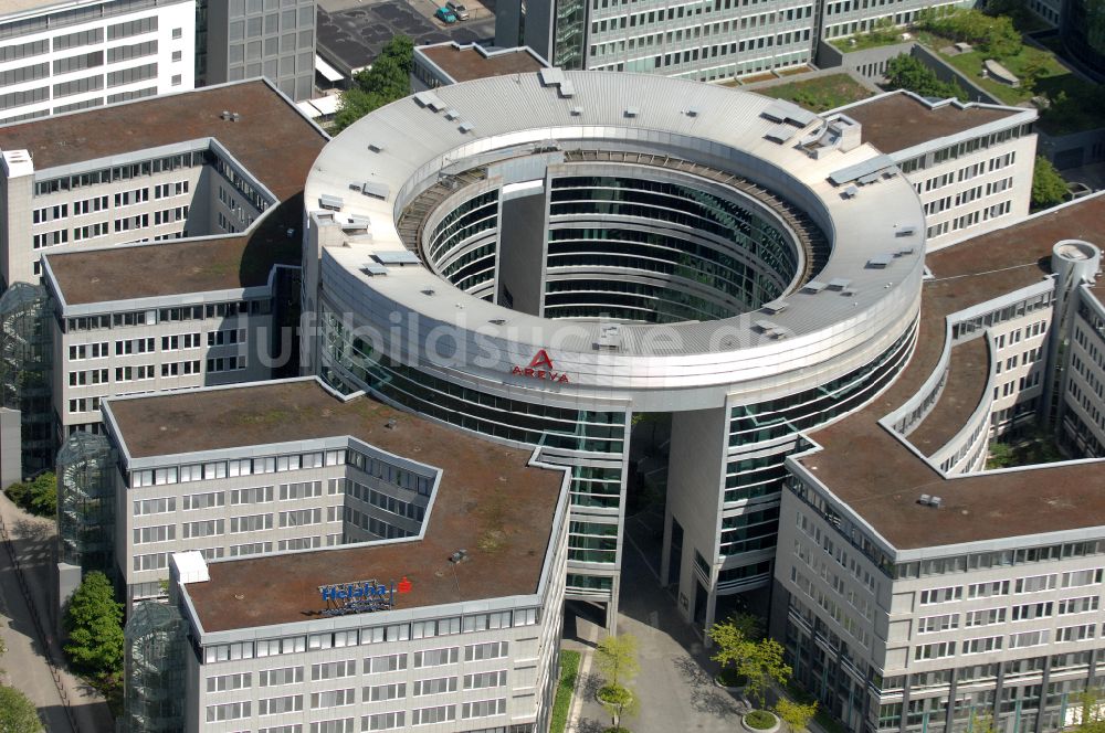 Offenbach am Main von oben - Bürogebaude des Geschaftshauses Omegahaus in Offenbach am Main im Bundesland Hessen, Deutschland