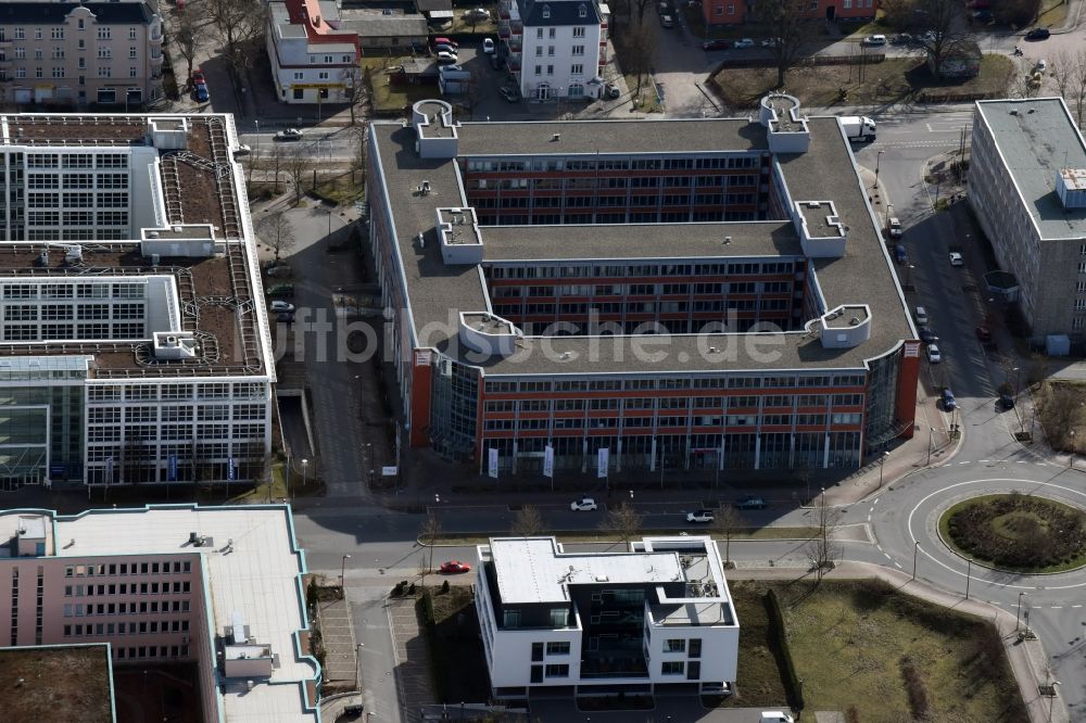 Teltow von oben - Bürogebäude des Geschäftshauses der Dimension Data an der Rheinstraße in Teltow im Bundesland Brandenburg