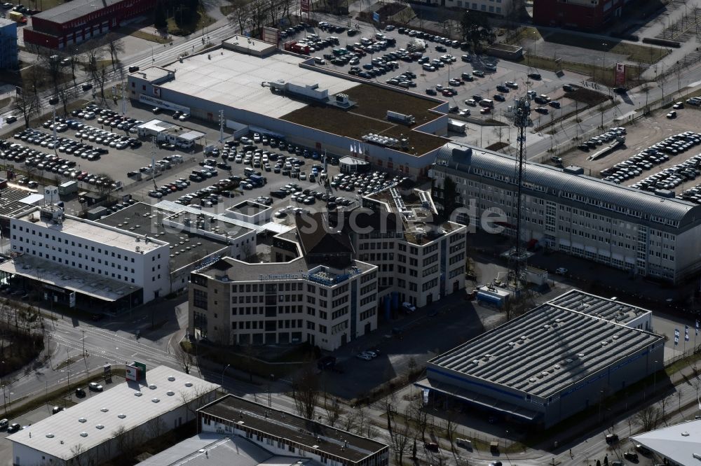 Teltow von oben - Bürogebäude TelTower Haus im Gewerbepark Techno Terrain Teltow an der Rheinstraße in Teltow im Bundesland Brandenburg