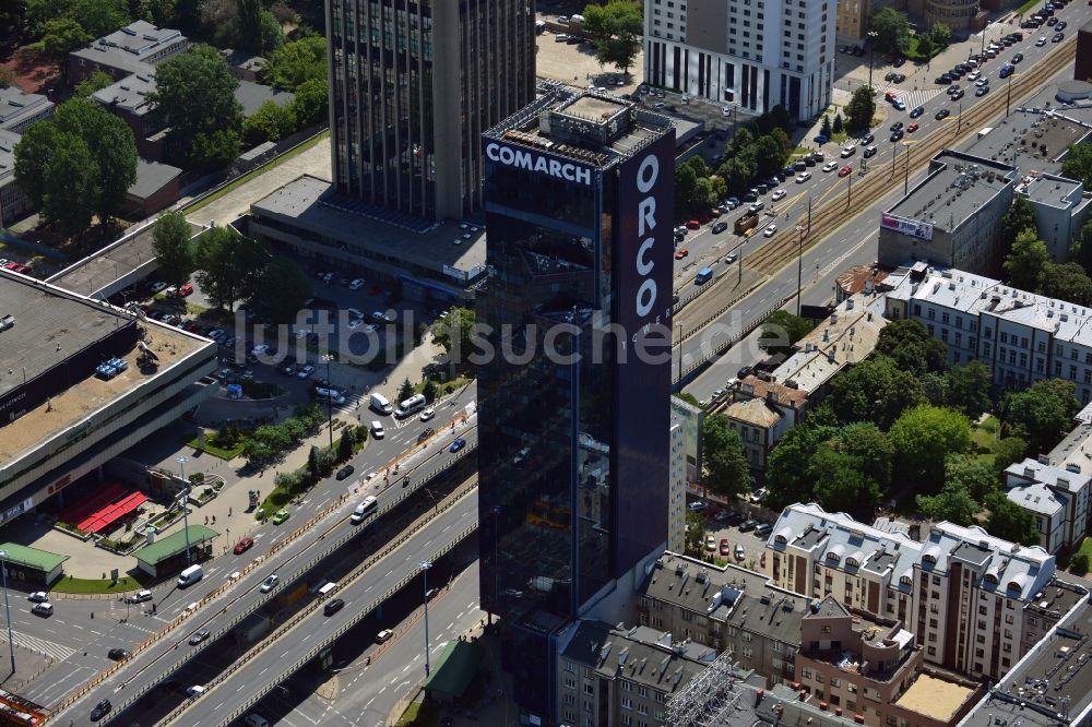 Warschau aus der Vogelperspektive: Bürohochhaus ORCO Tower im Bezirk Ochota in der Innenstadt von Warschau in Polen