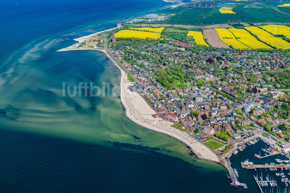 Laboe von oben - Bucht entlang der Meeres- Küste mit Yachthafen und Gewerbe -Hafen in Laboe im Bundesland Schleswig-Holstein, Deutschland