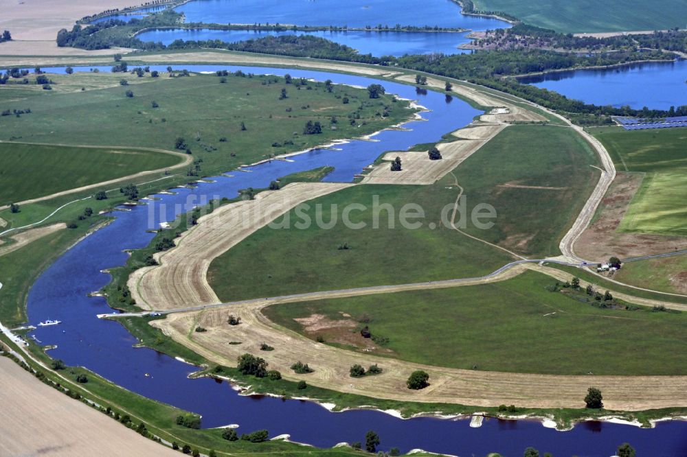 Prettin von oben - Buhnen- Landschaft an den Uferbereichen Elbetal Flussverlaufes in Prettin im Bundesland Sachsen-Anhalt, Deutschland