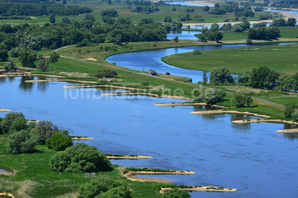 Hansestadt Werben (Elbe) von oben - Buhnen- Landschaft an den Uferbereichen des Flussverlaufes am Ufer der Elbe in Hansestadt Werben (Elbe) im Bundesland Sachsen-Anhalt