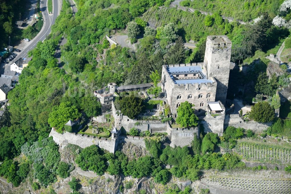 Kaub von oben - Burg Burg Gutenfels am Schlossweg in Kaub im Bundesland Rheinland-Pfalz, Deutschland