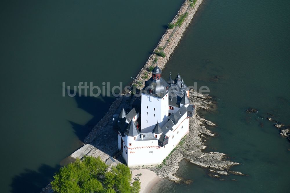 Luftaufnahme Kaub - Burg Pfalzgrafenstein Castle im Ortsteil Falkenau in Kaub im Bundesland Rheinland-Pfalz, Deutschland