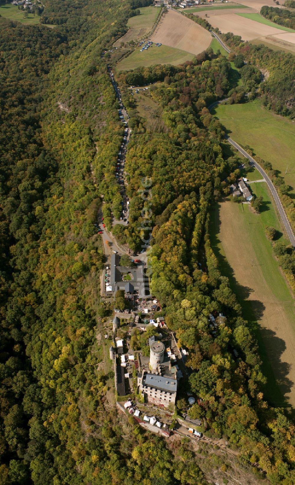 Roes von oben - Burganlage Burg Pyrmont in Roes im Bundesland Rheinland-Pfalz, Deutschland