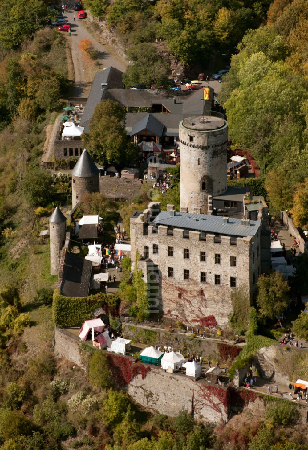 Luftaufnahme Roes - Burganlage Burg Pyrmont in Roes im Bundesland Rheinland-Pfalz, Deutschland