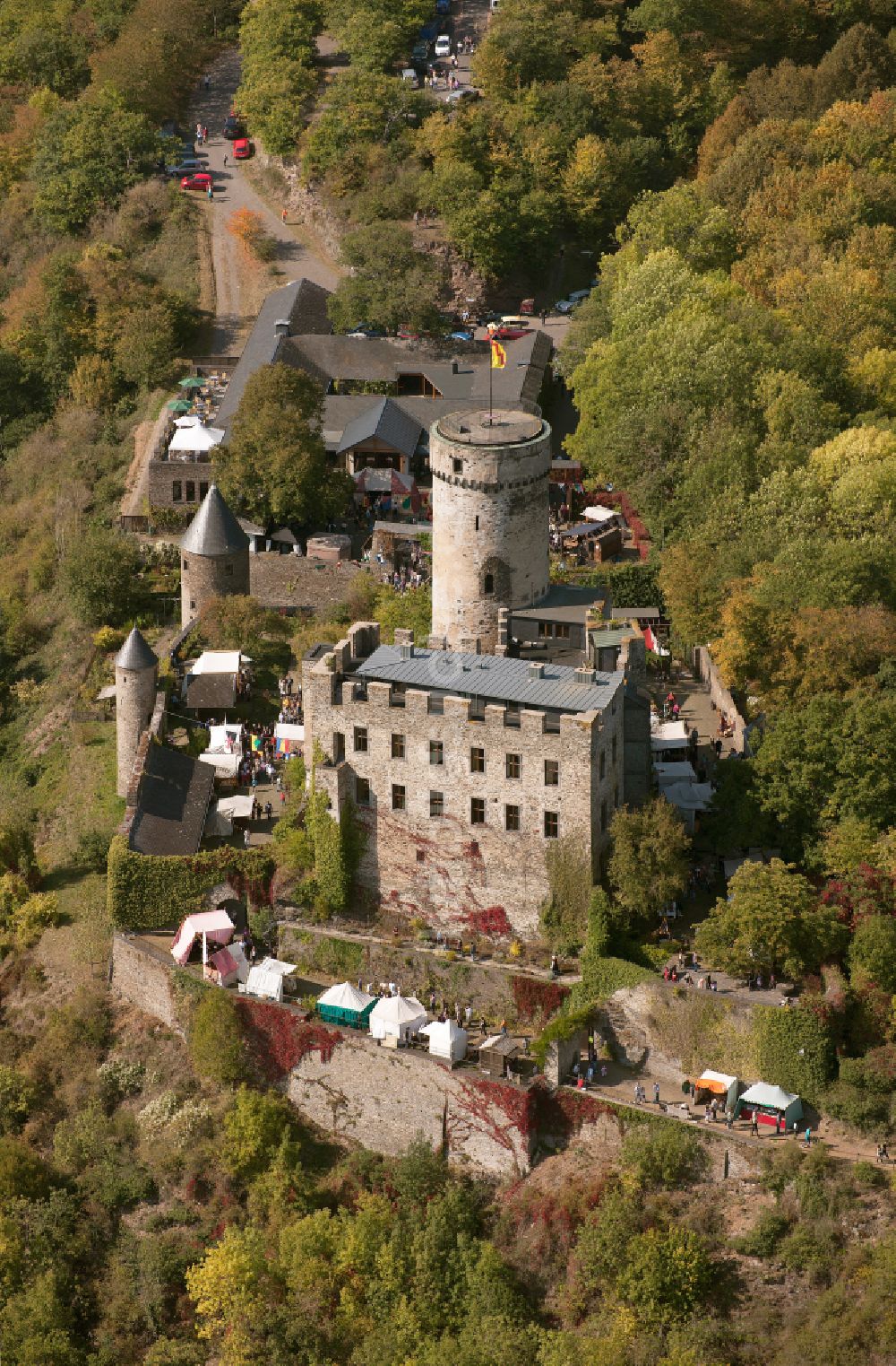 Roes von oben - Burganlage Burg Pyrmont in Roes im Bundesland Rheinland-Pfalz, Deutschland