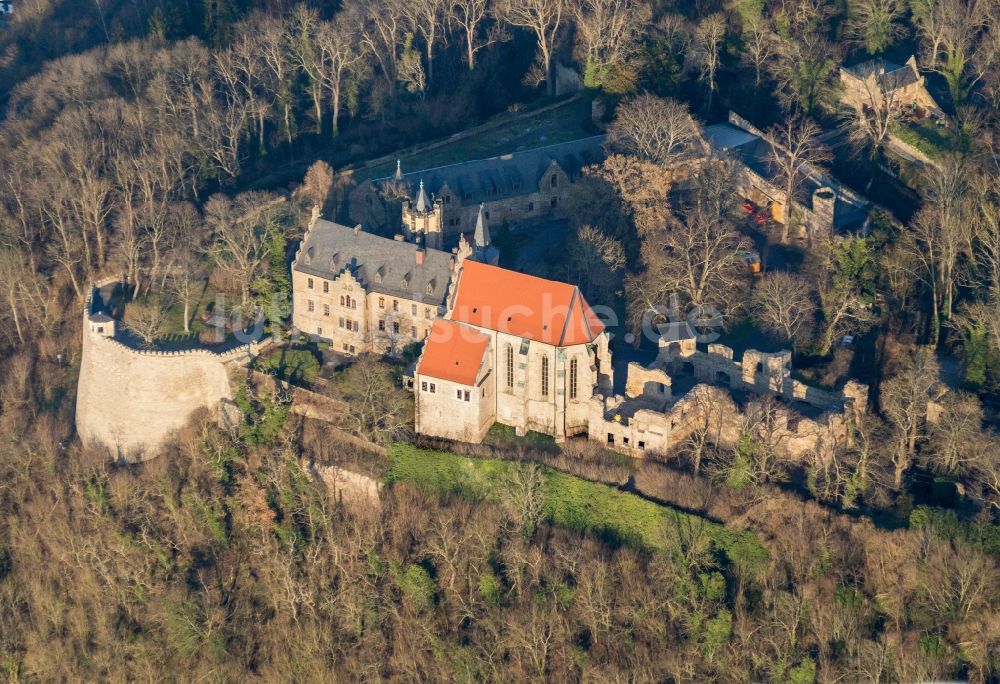 Mansfeld aus der Vogelperspektive: Burganlage des Schloss in Mansfeld im Bundesland Sachsen-Anhalt, Deutschland