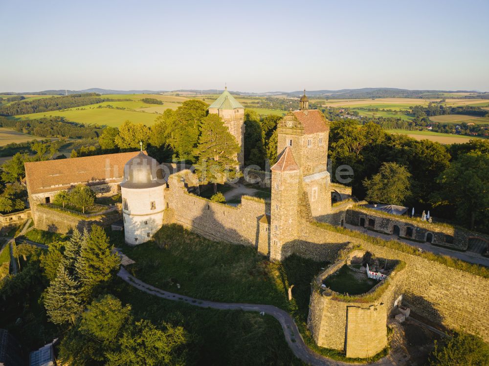 Luftaufnahme Stolpen - Burganlage des Schloss in Stolpen im Bundesland Sachsen, Deutschland