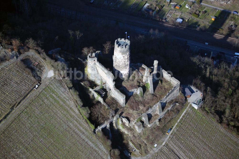 Rheindiebach von oben - Burgruine der Burg Fürstenberg über Rheindiebach im Bundesland Rheinland-Pfalz